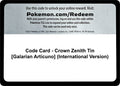 Image for Code Card - Crown Zenith Tin [Galarian Articuno] (International Version) (CRZ) - Pokemon