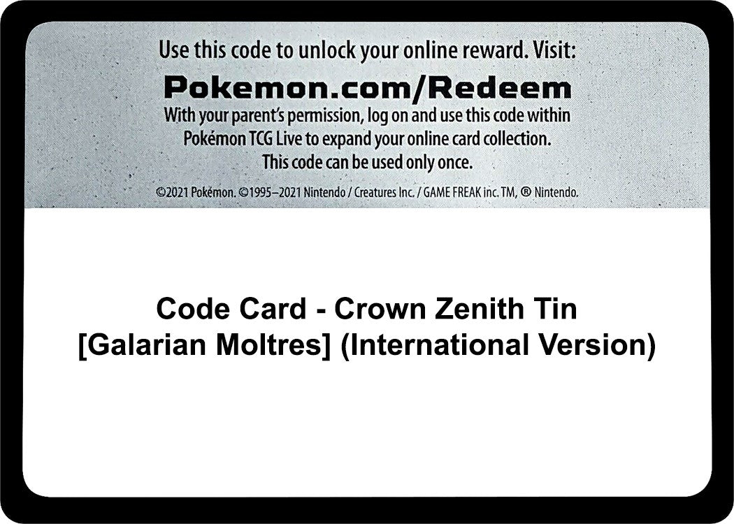 Image for Code Card - Crown Zenith Tin [Galarian Moltres] (International Version) (CRZ) - Pokemon