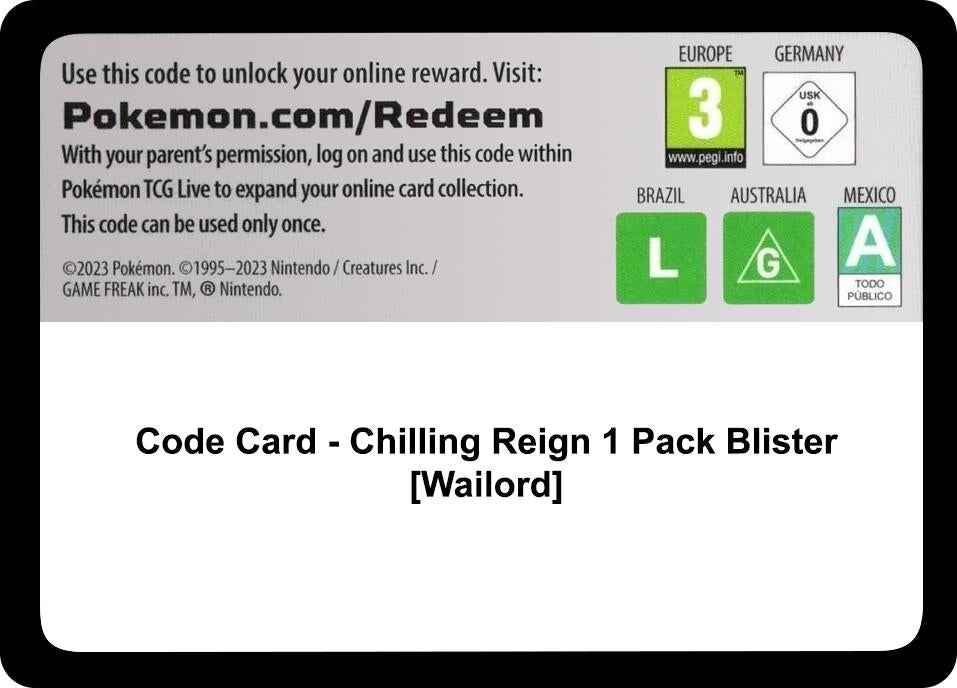 Image for Code Card - Chilling Reign 1 Pack Blister [Wailord] (SWSH06) - Pokemon